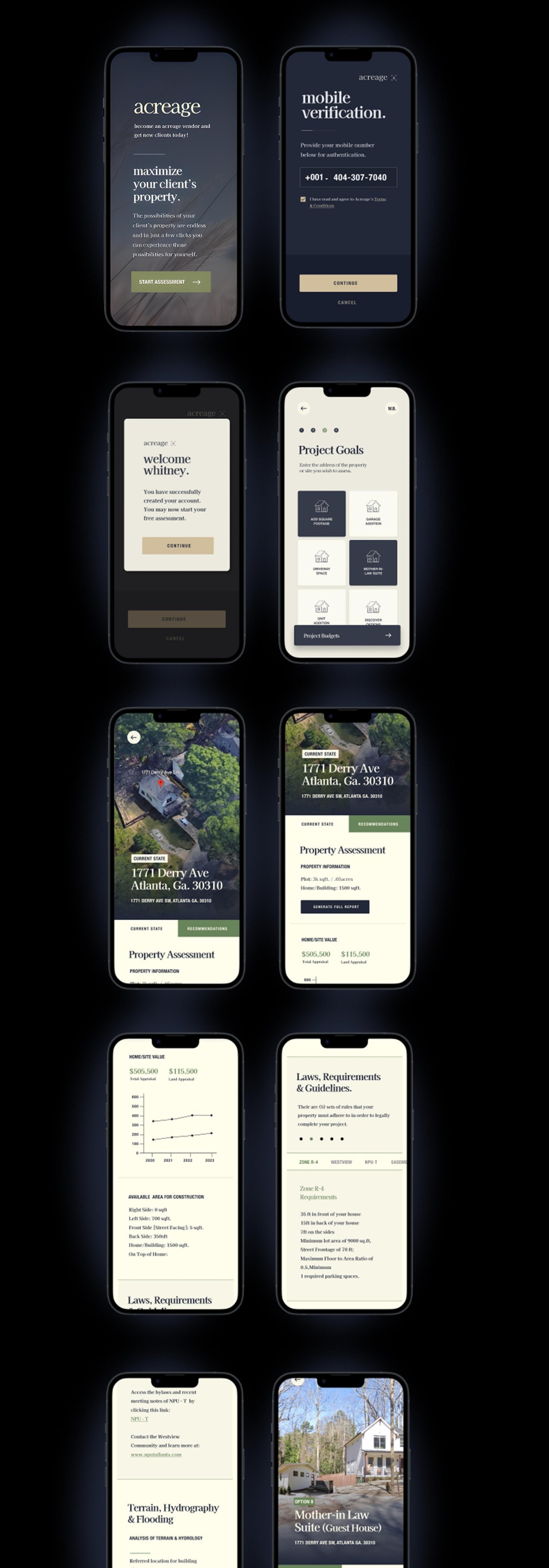 Acreage Mobile Application screens showing property assessment, land analysis, and project goals