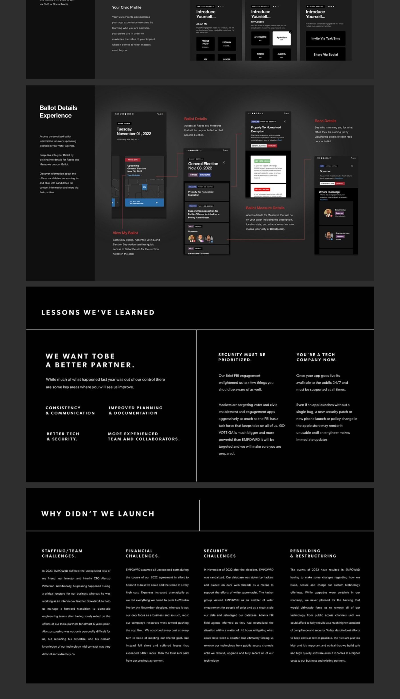 EMPOWRD x GoVoteGA partnership deck showing app design, voter tools, and launch plan