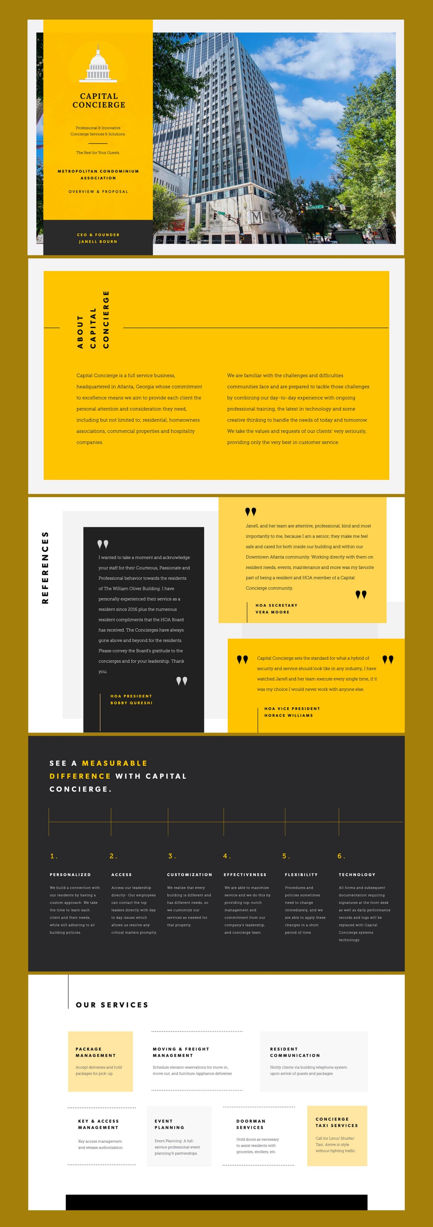 Capital Concierge pitch deck with services overview, testimonials, and differentiators