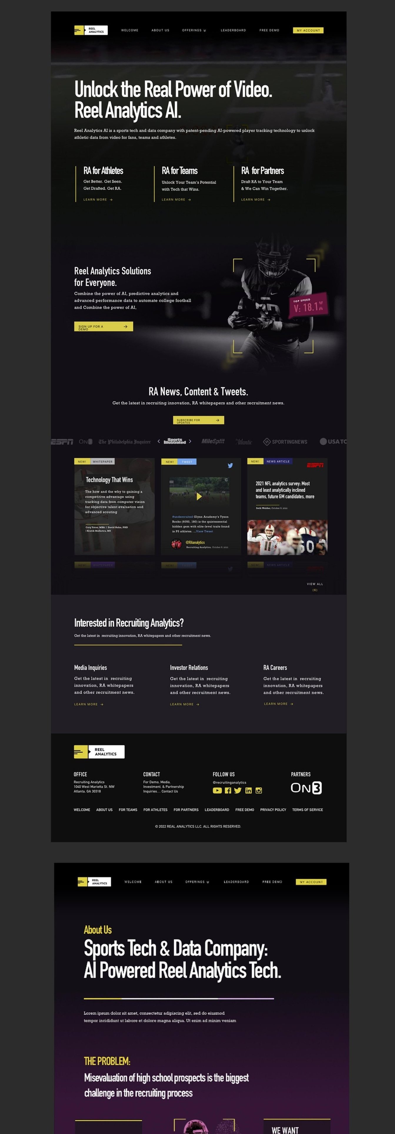 Reel Analytics sports tech website with AI features, recruiting tools, and athlete rankings
