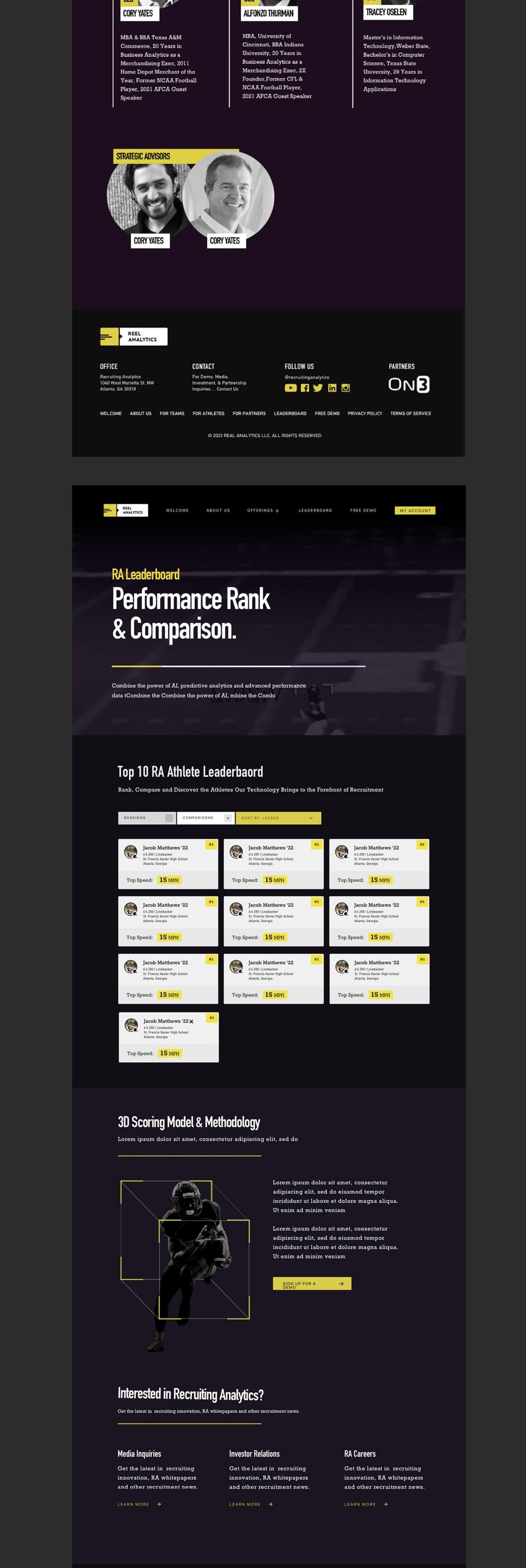 Reel Analytics sports tech website with AI features, recruiting tools, and athlete rankings