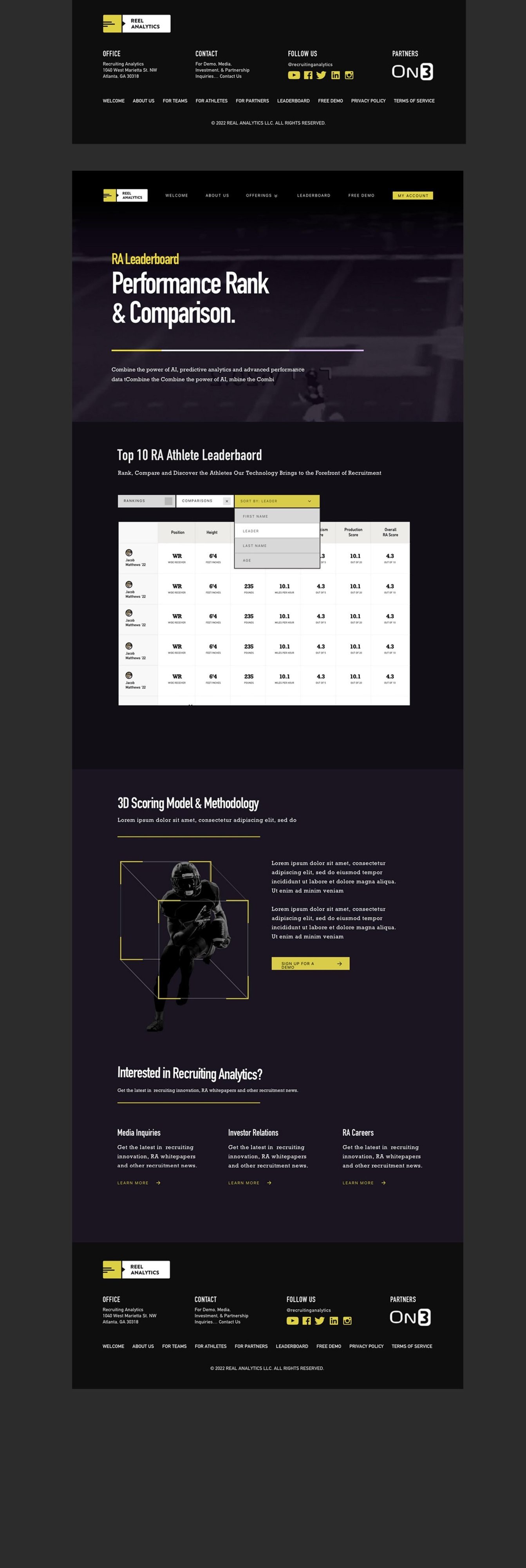 Reel Analytics sports tech website with AI features, recruiting tools, and athlete rankings