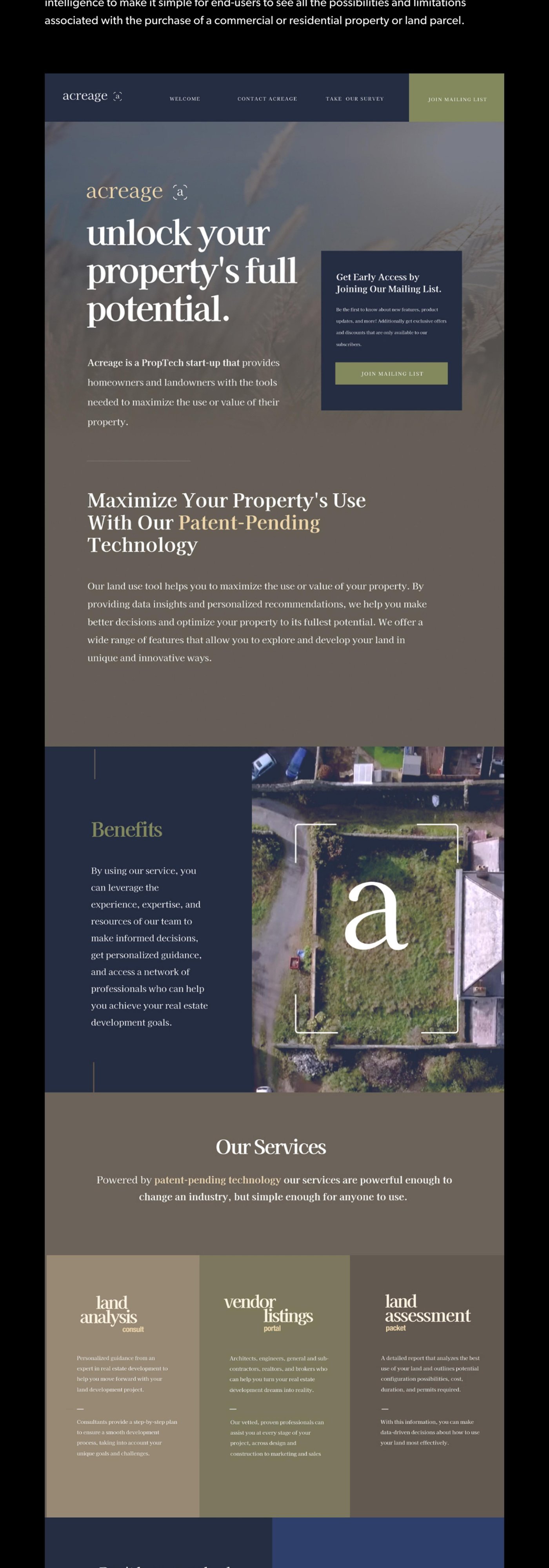 Acreage PropTech website with mailing list, services, and feedback survey