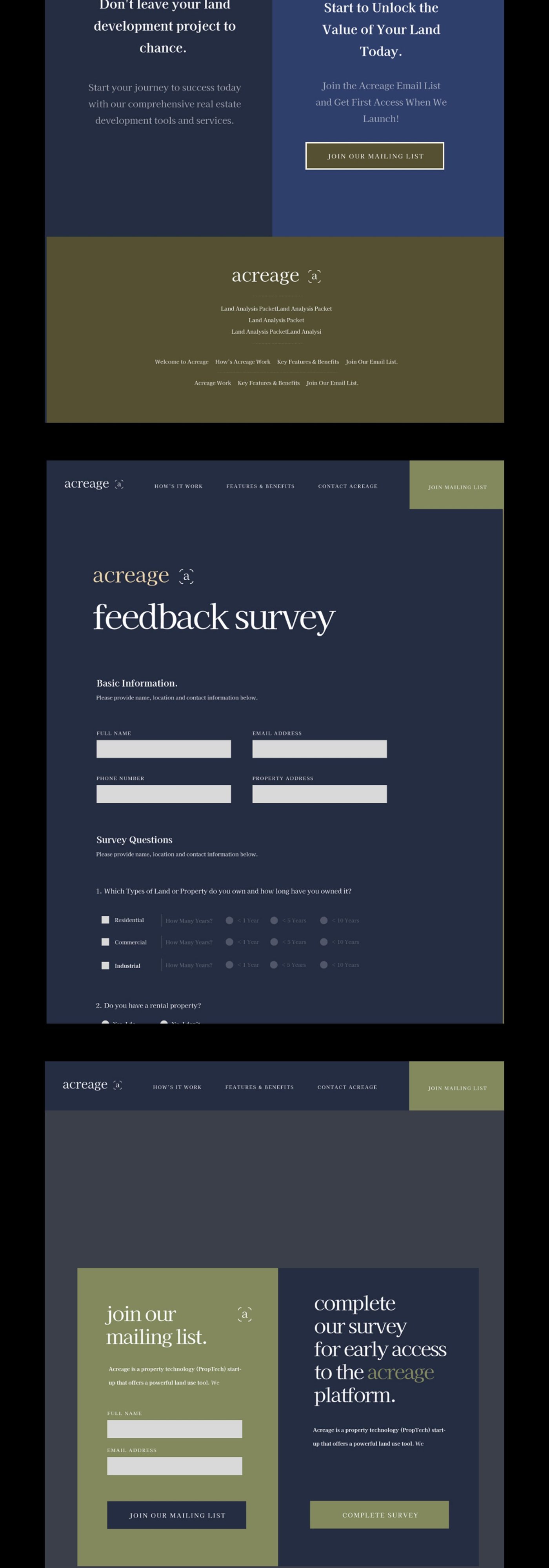 Acreage PropTech website with mailing list, services, and feedback survey