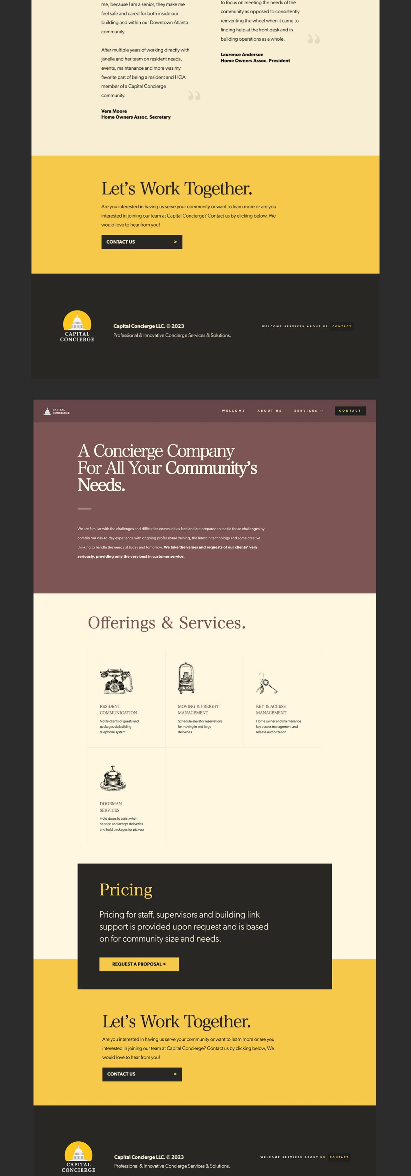 Capital Concierge website with service offerings, testimonials, and pricing
