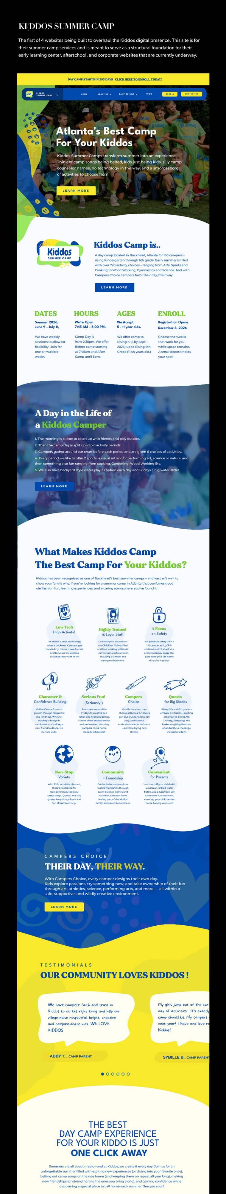 Children's camp website with enrollment info, activities, and parent resources