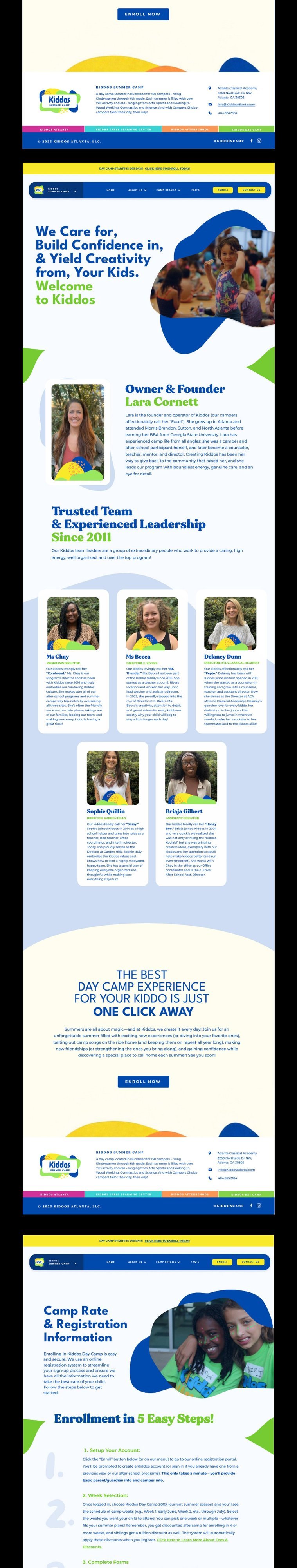 Children's camp website with enrollment info, activities, and parent resources